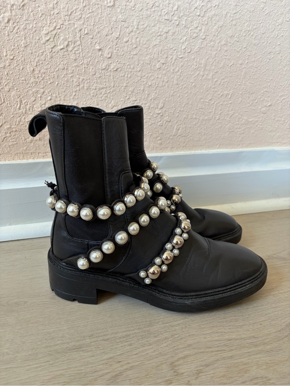 Zara Black Combat Boots with Pearl Strap Detailing